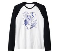 Elegante Obra de Arte Oriental botánica Floral con grulla Azul Camiseta Manga Raglan