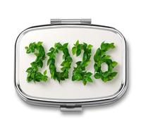 Elegante pastillero de 2026 con números en hojas verdes frescas, 2 compartimentos, portátil, organizador de pastillas de viaje para bolso de bolsillo