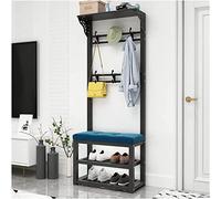 Elegante perchero de almacenamiento con asiento acolchado, zapatero de 2 niveles, tela negra y azul, ideal para sala de estar y dormitorio, solución de zapatero de 60 cm