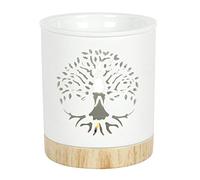 Elegante quemador de aceite de cerámica blanca con diseño de árbol de la vida, 12,6 cm x 11,5 cm (1 unidad), con una base de cerámica efecto madera, ideal para aromaterapia, decoración del hogar y