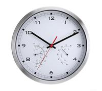 Elegante reloj de pared con marco de aluminio con lecturas de temperatura y humedad, ajuste automático de hora para mayor comodidad
