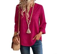 Elegante señoras tops camisa cuello en V Color sólido bordado diseño viaje blusa primavera otoño S-2XL (rojo S)