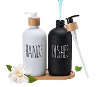 Elegante Set di Dispenser di sapone in vetro con vassoio - Decorazione nera e Bianca per bagno e cucina - Capacità di 500 ml (Blanco+Negro)