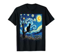 Elegante Silueta de Gato Van Gogh Starry Peaceful Night Art Camiseta