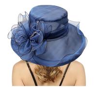 Elegante sombrero de encaje para mujer, de ala ancha, con detalle de tocado, protección UV, transpirable, para bodas de verano, fiestas en el jardín, iglesia y eventos reales, azul marino, Talla única