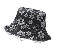 Elegante sombrero de pescador con estampado de flores desgastado, transpirable, para primavera, otoño, atuendo diario, a la moda, cubo de algodón desgastado, Negro, Talla única