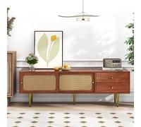 Elegante soporte de TV con puertas correderas de ratán y prácticos cajones, nogal con ratán de plástico oscuro, 2 cajones, 2 puertas correderas de ratán, 4 compartimentos para almacenamiento (nogal,