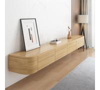 Elegante soporte de TV flotante negro para montaje en pared, centro de entretenimiento de madera maciza con 2 cajones, estante de almacenamiento de 300 cm para sala de estar o dormitorio
