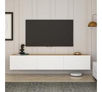 Elegante soporte para TV, 150 cm de ancho, pino blanco y atlántico, 100% melamina, tablero de chips revestido de melamina, altura de 30 cm, profundidad de 32 cm, diseño moderno para salas de estar y