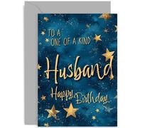 Elegante tarjeta de cumpleaños de cielo de estrellas para marido, tarjeta de felicitación de cumpleaños para marido, diseño de estrella azul marino y dorado, tarjetas de cumpleaños tradicionales