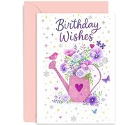 Elegante tarjeta de cumpleaños femenina para ella, regalo de deseos de cumpleaños, rosa y morado, hermoso diseño floral con regadera, para amigas, colegas, familiares, interior en blanco con sobre