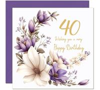 Elegante tarjeta de cumpleaños número 40, flores moradas y blancas, tarjeta de cumpleaños elegante floral para 40 años, cuarenta y cuarenta años