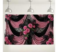 Elegante telón de fondo floral, diseño drapeado negro y melocotón para decoraciones de fiestas, fondo de fotos vintage de rosas para interiores y exteriores, para eventos y bodas, 71 x 43 pulgadas
