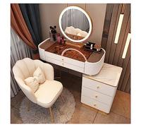 Elegante tocador blanco con cajones de iluminación LED de espejo, pomos dorados con parte superior de cristal, elegante tocador de maquillaje para almacenamiento y decoración de dormitorio