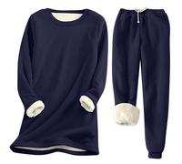 Elegante traje de invierno para mujer de terciopelo de dos piezas con cálido cuello redondo y práctico pantalón de cordón, azul, S