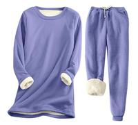 Elegante traje de invierno para mujer de terciopelo de dos piezas con cálido cuello redondo y práctico pantalón de cordón, morado, L