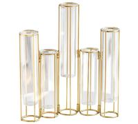 Elegante tubo de ensayo de metal dorado europeo para flores, jarrones de cristal colgantes de 5 unidades con estructura de hierro ajustable, excepcional para decoración del hogar y el balcón