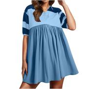 Elegante vestido casual de retazos a rayas plisado, cuello de manga corta de gran tamaño, mini camiseta fluida para uso diario, azul celeste, XXL