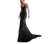 Elegante Vestido Casual Largo Femenino con Delicado Encaje Floral Escote en V Pronunciado Espalda Descubierta y Corte bajo Ajustado sin Mangas invitadas a Bodas (Black, M)