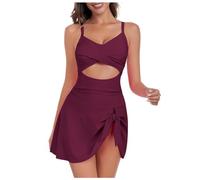 Elegante vestido de baño para mujer con efecto push-up, cuello en V, diseño clásico de una pieza con falda decorativa, Vino, XXL