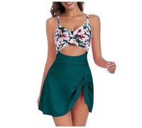 Elegante vestido de baño para mujer con efecto push-up, cuello en V, diseño clásico de una pieza con falda decorativa, verde, XXL
