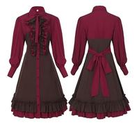 Elegante vestido de cosplay, disfraz de lolita gótica con mangas largas de encaje, detalle de lazo para fiesta, Halloween, evento formal, historia medieval del Reino Unido (rojo ladrillo, XL)