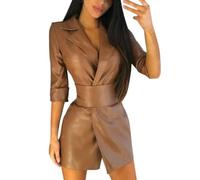 Elegante Vestido de Cuero de Invierno para Mujer, Retro, Cuello Vuelto, Media Manga, Minivestido para Club Nocturno, Vestido Ajustado de Fiesta Sexy para Mujer, Bata-Caqui-M