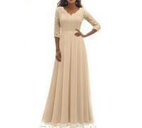 Elegante Vestido de Gasa de Encaje para Mujer, Vestido Largo Liso de Manga 3/4, Hueco, de Fiesta Grande, Corte A, Vestidos Formales para Bata de Invitados de Boda-Beige-L