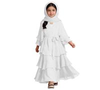Elegante vestido de gasa de tres capas con cintura y pañuelo para la cabeza para niñas a las que les gusta en ocasiones festivas, Blanco, 5-6 años