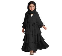 Elegante vestido de gasa de tres capas con cintura y pañuelo para la cabeza para niñas a las que les gusta en ocasiones festivas, Negro , 5-6 años
