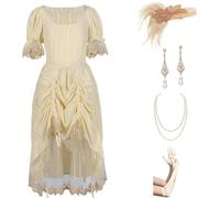 Elegante vestido de los años 20 con diadema de plumas para eventos nocturnos glamorosos y disfraces históricos (beige, XL)