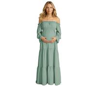 Elegante vestido de maternidad para embarazo, hombros descubiertos, manga larga, escalonado con abertura lateral, cintura alta, estilo bohemio, verde claro, L