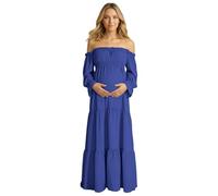 Elegante vestido de maternidad para embarazo, hombros descubiertos, manga larga, escalonado con abertura lateral, cintura alta, estilo bohemio, azul, L