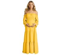 Elegante vestido de maternidad para embarazo, hombros descubiertos, manga larga, escalonado con abertura lateral, cintura alta, estilo bohemio, amarillo, L