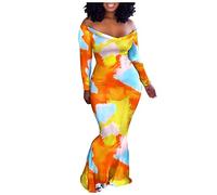 Elegante vestido de noche de manga larga para mujer, diseño de un hombro con estampado de línea A, vestido largo para ocasiones festivas, estilo casual, amarillo, L