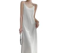 Elegante vestido de noche de satén con cuello en V (blanco M) | Tela de seda sintética, textura suave, poliéster transpirable, disponible en tallas M a 3XL