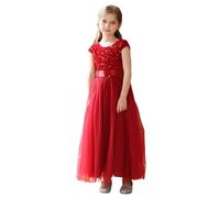Elegante vestido de noche para niñas, para actuaciones, concursos de belleza, tutú, con falda, faja, princesas, estilo boda, fiesta, tul, manga larga, rojo, 9-10 años
