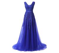 Elegante vestido de noche sexy para mujer, vestido formal con cuello en V, tul, largo hasta el suelo, vestido de fiesta para boda, banquete de graduación, azul, L