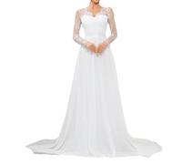 Elegante vestido de novia de manga larga de encaje con cola, costuras de encaje, sin espalda, vestidos de novia de gasa largos blancos, vestido de novia para registro civil, vestido de banquete de