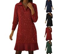 Elegante vestido de punto brillante con cuello polo para mujer, minivestido de punto brillante, plisado, de manga larga, rosso, XL