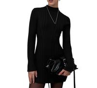 Elegante vestido de punto para mujer, con cuello alto, minifalda acampanada, entallado, manga larga, vestido corto de punto acanalado para ocasiones festivas, Negro , S