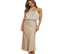 WEITING Elegante Vestido De Satén Negro Verano Mujer Sexy Vestido De Noche Fiesta Sin Mangas Color Sólido Cuello Halter Casual Moda Bata-Albaricoque-M