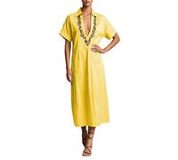Elegante Vestido Informal Holgado con Corte Recto Femenino Cuello Vuelto Bordado Floral detallado y Bolsillos Laterales amplios Clima cálido Durante Temporada Estival (Yellow, XXXL)