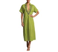Elegante Vestido Informal Holgado con Corte Recto Femenino Cuello Vuelto Bordado Floral detallado y Bolsillos Laterales amplios Clima cálido Durante Temporada Estival (Army Green, L)