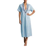 Elegante Vestido Informal Holgado con Corte Recto Femenino Cuello Vuelto Bordado Floral detallado y Bolsillos Laterales amplios Clima cálido Durante Temporada Estival (Blue, S)