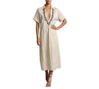 Elegante Vestido Informal Holgado con Corte Recto Femenino Cuello Vuelto Bordado Floral detallado y Bolsillos Laterales amplios Clima cálido Durante Temporada Estival (Beige, XXL)