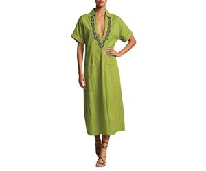 Elegante Vestido Informal Holgado con Corte Recto Femenino Cuello Vuelto Bordado Floral detallado y Bolsillos Laterales amplios Clima cálido Durante Temporada Estival (Army Green, L)