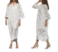 Elegante vestido largo de encaje blanco con cuello en V de dos piezas para mujer, casual, holgado, bohemio, hueco, de ganchillo, con vestido de satén, blanco, L