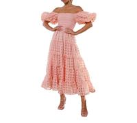 Elegante Vestido Midi de Malla a Cuadros con Fruncido, Escote Bardot y Mangas Cortas Globo