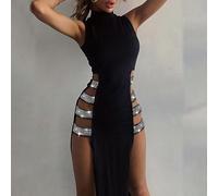 Elegante vestido sin mangas hueco con vendaje incrustado y abertura alta para clubes (L Negro)